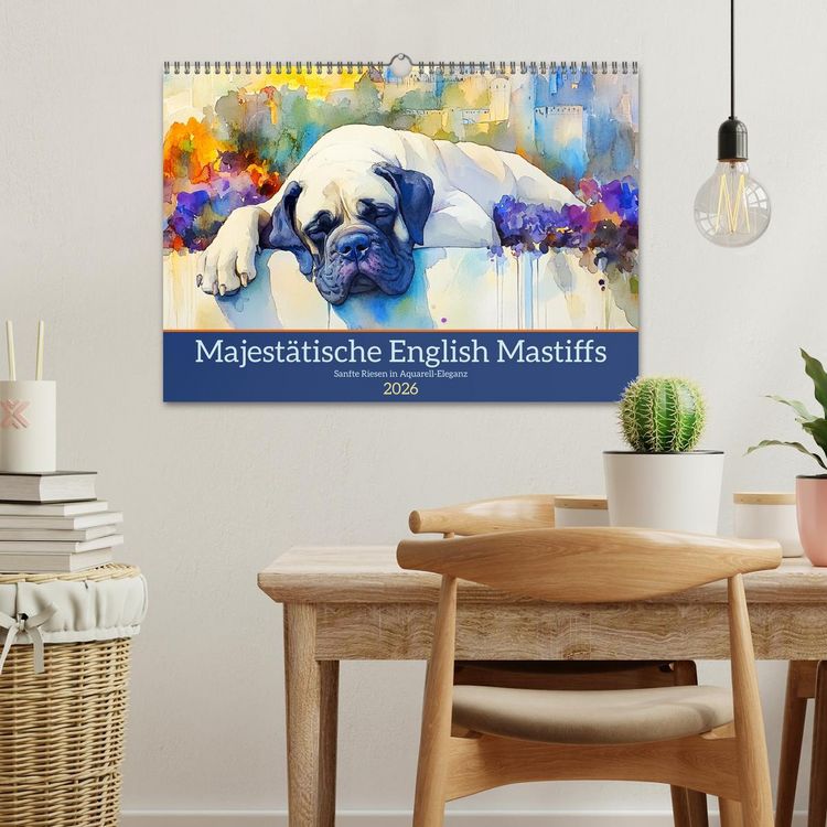 Produktbild: Majest&auml;tische English Mastiffs. Sanfte Riesen in Aquarell-Eleganz (Wandkalender 2026 DIN A3 quer), CALVENDO Monatskalender