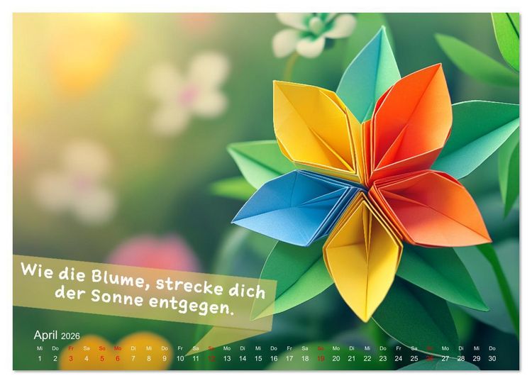 Produktbild: Origami Kalender der Achtsamkeit - Achtsamkeitskalender (Wandkalender 2026 DIN A2 quer), CALVENDO Monatskalender