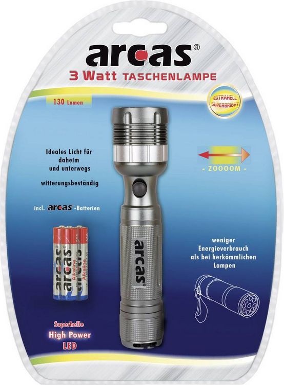 Produktbild: Arcas 3W LED Taschenlampe batteriebetrieben 130lm 169g
