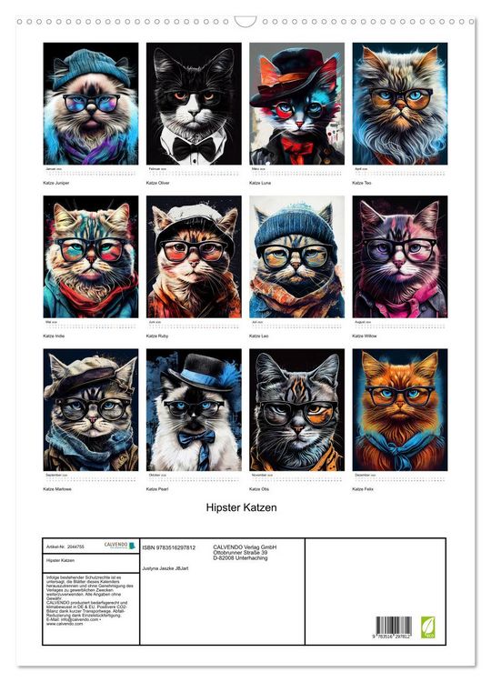 Produktbild: Hipster Katzen (Wandkalender 2026 DIN A2 hoch), CALVENDO Monatskalender