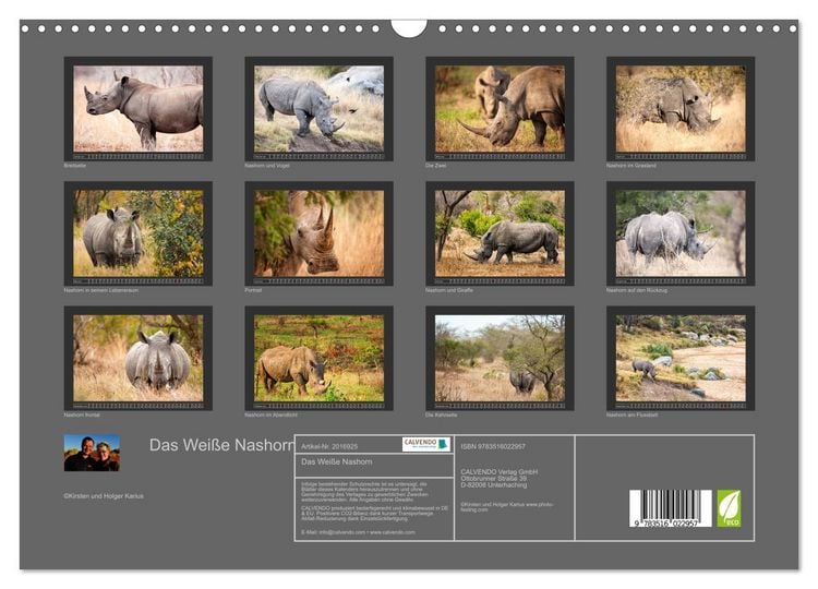 Produktbild: Das Wei&szlig;e Nashorn (Wandkalender 2026 DIN A3 quer), CALVENDO Monatskalender