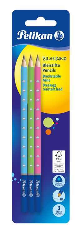 Produktbild: Pelikan Bleistifte SILVERINO, HB, d&uuml;nn, dreikant, pink/hellgr&uuml;n/hellblau, 3er Set