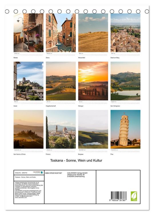 Produktbild: Toskana - Sonne, Wein und Kultur (Tischkalender 2026 DIN A5 hoch), CALVENDO Monatskalender