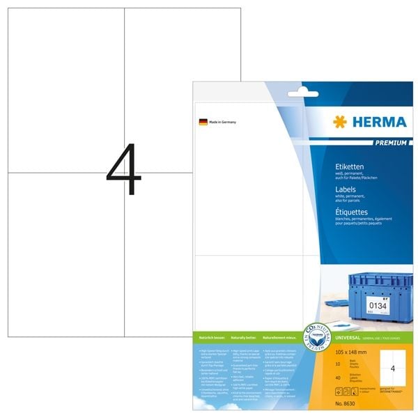 Produktbild: HERMA Etiketten permanent wei&szlig; 105x148mm 10 Blatt 40 St&uuml;ck