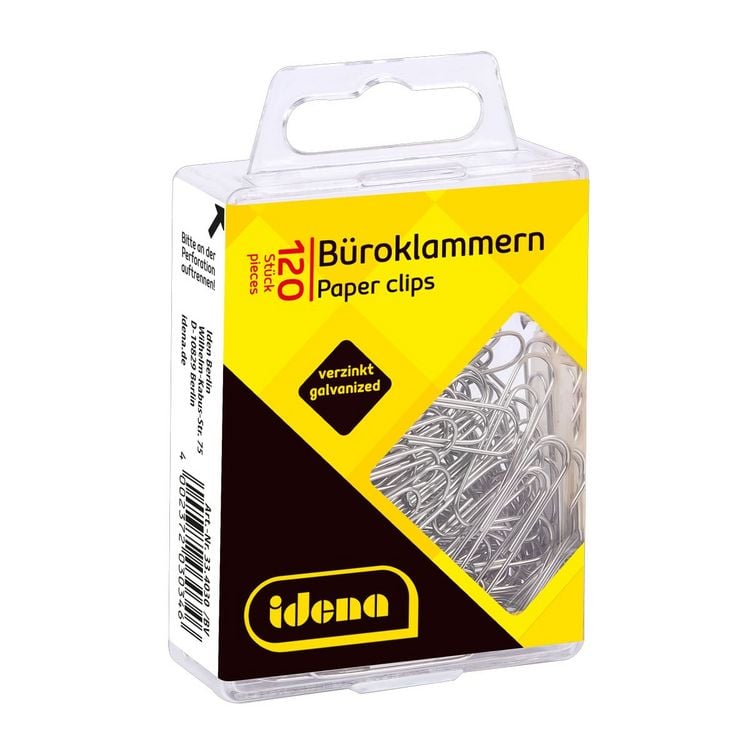 Produktbild: Idena B&uuml;roklammern aus Metall verzinkt silber 120 St&uuml;ck H&auml;ngebox