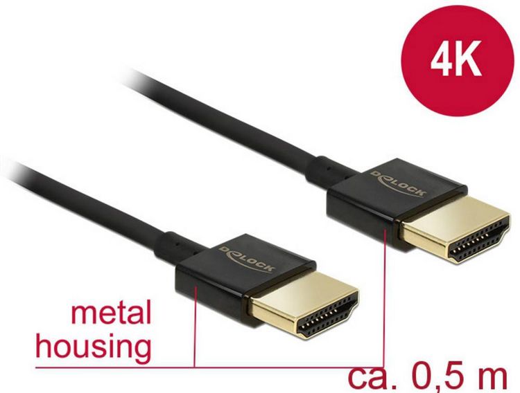 Produktbild: Delock HDMI Anschlusskabel HDMI-A Stecker, HDMI-A Stecker 0.50 m Schwarz 84786 4K UHD, vergoldete Steckkontakte HDMI-Kabel