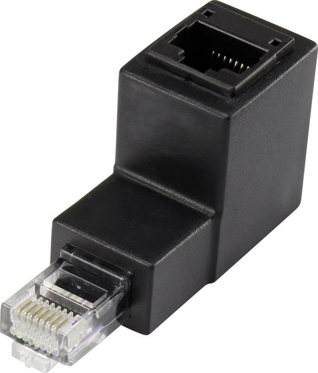 Produktbild: RJ45 Netzwerk Adapter CAT 5e 90&deg; nach unten gewinkelt [1x RJ45-Stecker - 1x RJ45-Buchse] 0.00 m Schwarz Renkforce