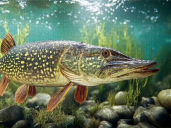 Produktbild: CALVENDO Puzzle Ein majest&auml;tischer Hecht, der durchs klare Wasser gleitet, | 1000 Teile Lege-Gr&ouml;&szlig;e 64x48cm Foto-Puzzle f&uuml;r gl&uuml;ckliche Stunden