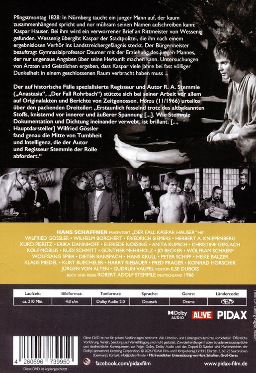 Produktbild: Der Fall Kaspar Hauser / Der komplette Dreiteiler &uuml;ber den ber&uuml;hmten historischen Fall (Pidax Historien-Klassiker)