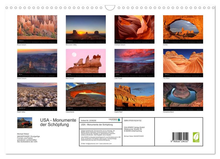 Produktbild: USA - Monumente der Sch&ouml;pfung (Wandkalender 2026 DIN A3 quer), CALVENDO Monatskalender