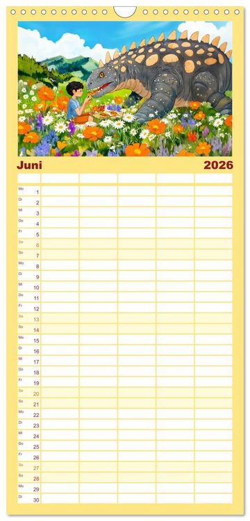 Produktbild: Familienplaner 2026 - Abenteuer mit Dinosauriern - Tolle Dino-Freunde f&uuml;r das Jahr mit 5 Spalten (Wandkalender, 21 x 45 cm) CALVENDO