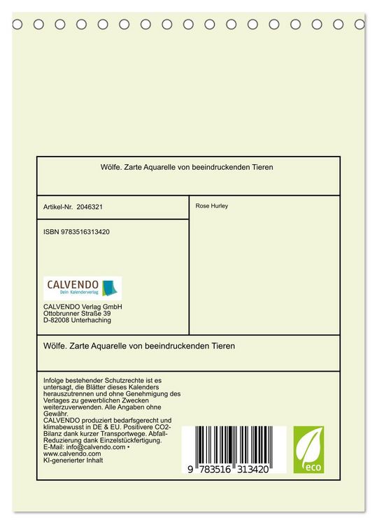 Produktbild: W&ouml;lfe. Zarte Aquarelle von beeindruckenden Tieren (Tischkalender 2026 DIN A5 hoch), CALVENDO Monatskalender