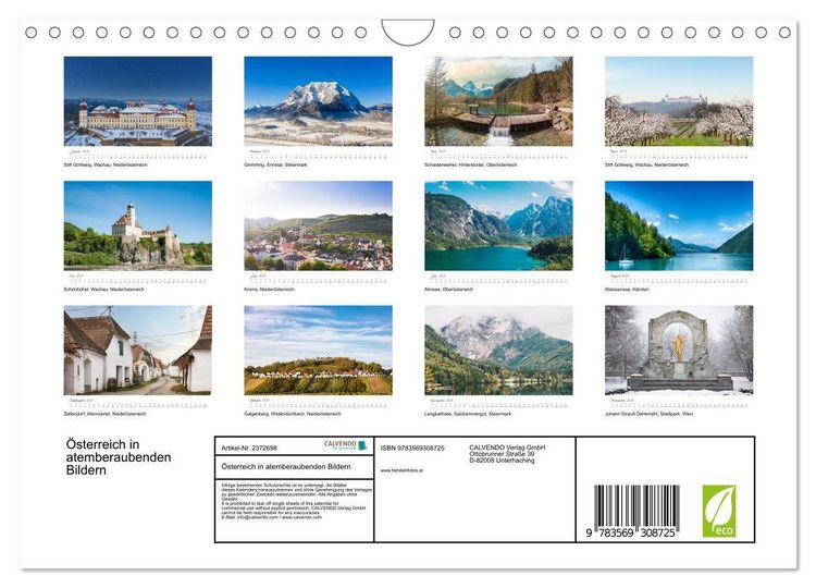 Produktbild: &Ouml;sterreich in atemberaubenden Bildern (Wandkalender 2027 DIN A4 quer), CALVENDO Monatskalender