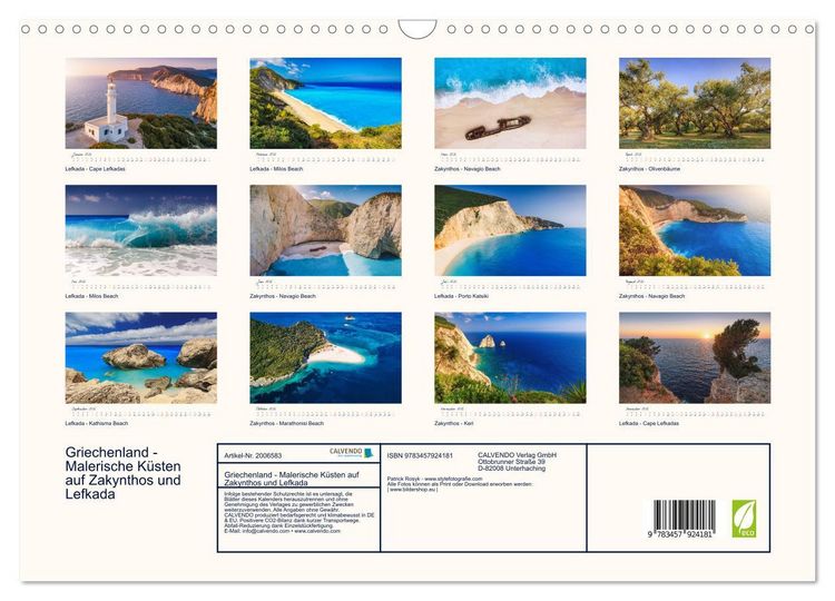 Produktbild: Griechenland - Malerische K&uuml;sten auf Zakynthos und Lefkada (Wandkalender 2026 DIN A3 quer), CALVENDO Monatskalender