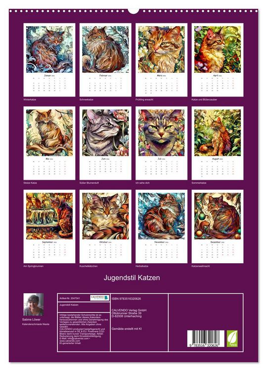 Produktbild: Jugendstil Katzen (hochwertiger Premium Wandkalender 2026 DIN A2 hoch), Kunstdruck in Hochglanz