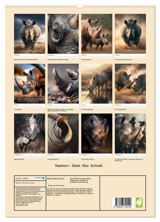 Produktbild: Nashorn - Stark. Stur. Schnell. (hochwertiger Premium Wandkalender 2026 DIN A2 hoch), Kunstdruck in Hochglanz