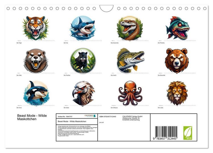 Produktbild: Beast Mode - Wilde Maskottchen (Wandkalender 2026 DIN A4 quer), CALVENDO Monatskalender