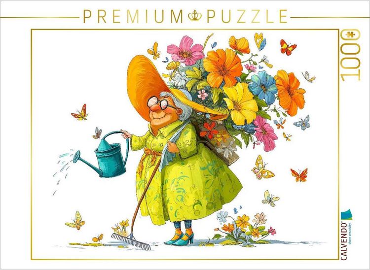 Produktbild: CALVENDO Puzzle Rentnerin mit Blumenstrau&szlig; und Gie&szlig;kanne | 1000 Teile Lege-Gr&ouml;&szlig;e 64x48cm Foto-Puzzle f&uuml;r gl&uuml;ckliche Stunden