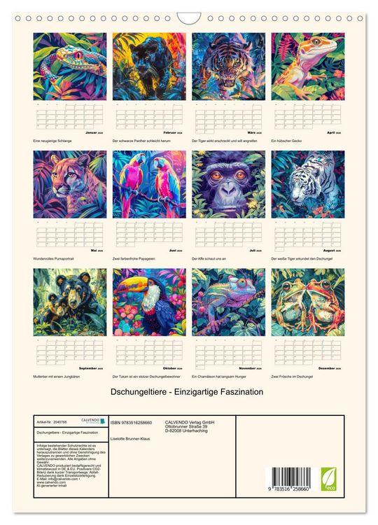 Produktbild: Dschungeltiere - Einzigartige Faszination (Wandkalender 2026 DIN A3 hoch), CALVENDO Monatskalender