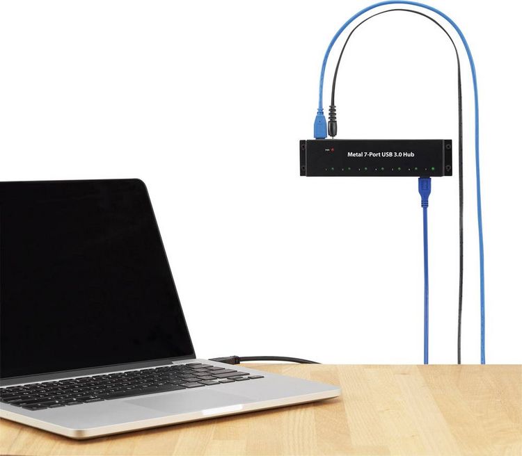 Produktbild: Renkforce RF-3955359 USB-Hub 7 Port USB-A USB 3.0 5 GBit/s zur Wandmontage, Metallgeh&auml;use Schwarz RF-3955359