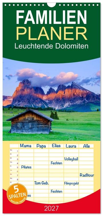 Produktbild: Familienplaner 2027 - Leuchtende Dolomiten mit 5 Spalten (Wandkalender, 21 x 45 cm) CALVENDO