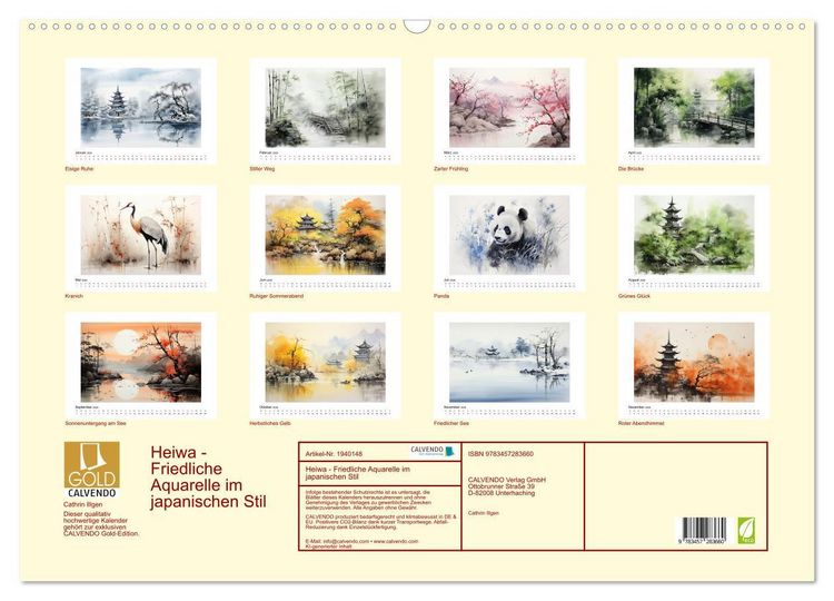Produktbild: Heiwa - Friedliche Aquarelle im japanischen Stil (Wandkalender 2026 DIN A2 quer), CALVENDO Monatskalender
