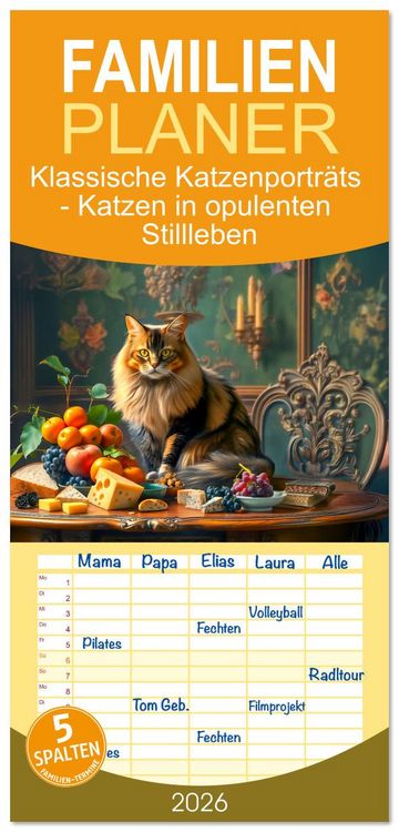 Produktbild: Familienplaner 2026 - Klassische Katzenportr&auml;ts - Katzen in opulenten Stillleben mit 5 Spalten (Wandkalender, 21 x 45 cm) CALVENDO
