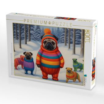 Produktbild: CALVENDO Puzzle Winterlich angezogene Hunde spazieren durch den Wald im Schnee | 1000 Teile Lege-Gr&ouml;&szlig;e 64x48cm Foto-Puzzle f&uuml;r gl&uuml;ckliche Stunden
