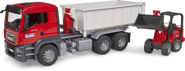 Produktbild: Bruder LKW Modell MAN TGS mit Abrollcontainer + Sch&auml;ffer Hoflader Fertigmodell