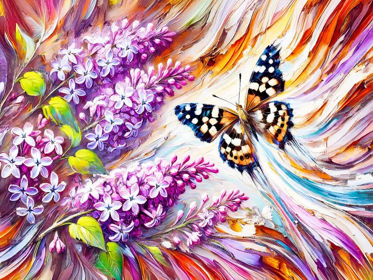 Produktbild: CALVENDO Puzzle Waldbrettspielfalter an Flieder in &Ouml;lmalerei | 1000 Teile Lege-Gr&ouml;&szlig;e 64x48cm Foto-Puzzle f&uuml;r gl&uuml;ckliche Stunden