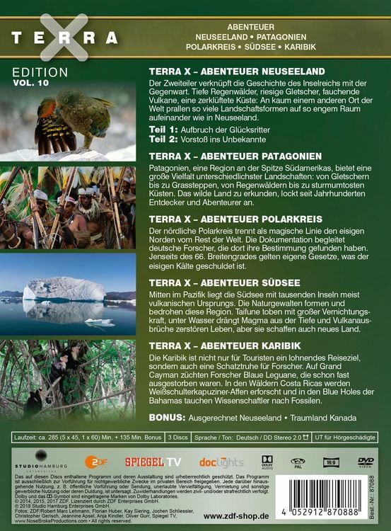 Produktbild: Terra X - Edition Vol. 10: Abenteuer Neuseeland / Patagonien / Polarkreis / S&uuml;dsee / Karibik inl. Bonusmaterial [3 DVDs]