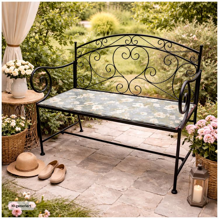 Produktbild: HTI-Living Gartenbank Celia Petunien Metallbank schwarz mit Motiv Sitzfl&auml;che 109 cm