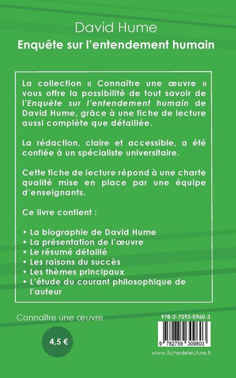 Produktbild: Fiche de lecture Enqu&ecirc;te sur l'entendement humain de David Hume (analyse litt&eacute;raire de r&eacute;f&eacute;rence et r&eacute;sum&eacute; complet)
