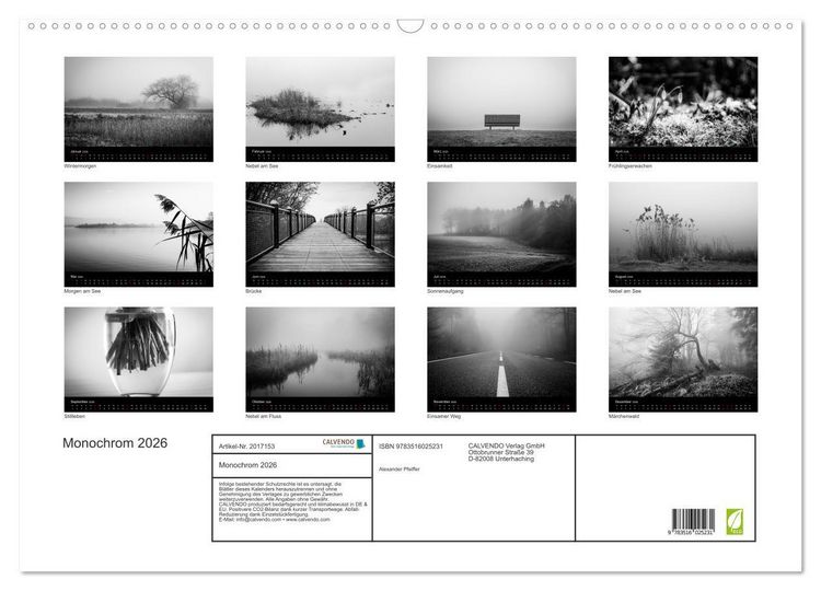 Produktbild: Monochrom 2026 (Wandkalender 2026 DIN A2 quer), CALVENDO Monatskalender