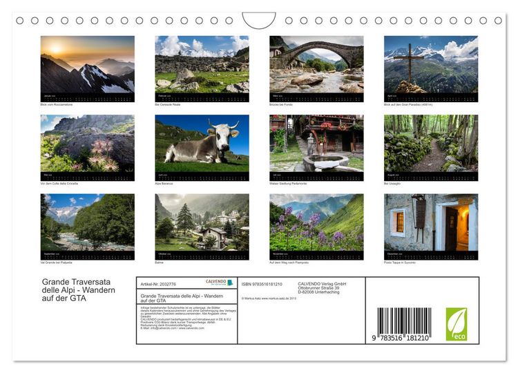 Produktbild: Grande Traversata delle Alpi - Wandern auf der GTA (Wandkalender 2026 DIN A4 quer), CALVENDO Monatskalender