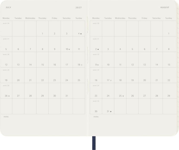 Produktbild: Moleskine 12 Monate Wochen Notizkalender 2027, Pocket/A6, 1 Wo = 1 Seite, rechts linierte Seite, Weicher Einband, Saphir