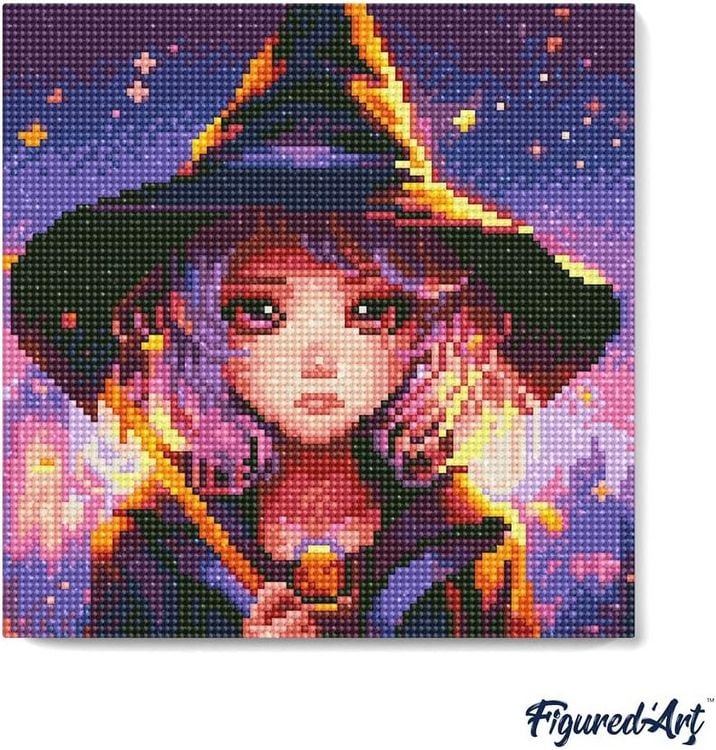 Produktbild: FiguredArt DP-SFA168-Y - Mini Diamond Painting, Bezaubernde Kleine Hexe, Leinwand-Keilrahmen (25x25cm), DIY Bastelset