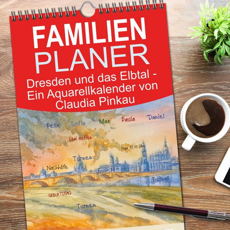 Produktbild: Familienplaner 2026 - Dresden und das Elbtal - Ein Aquarellkalender von Claudia Pinkau mit 5 Spalten (Wandkalender, 21 x 45 cm) CALVENDO