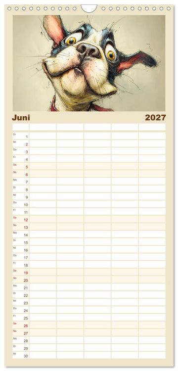 Produktbild: Familienplaner 2027 - Karikatur trifft Hund. Ein Blick auf charmante Vierbeiner mit 5 Spalten (Wandkalender, 21 x 45 cm) CALVENDO