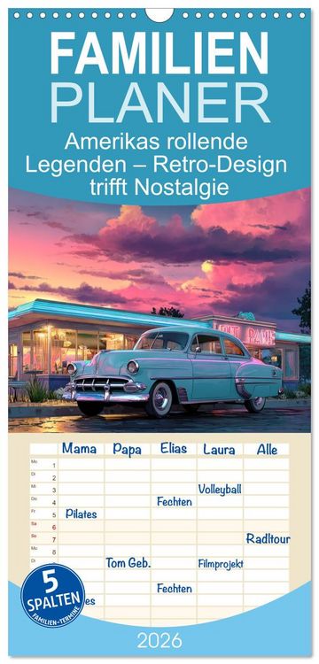 Produktbild: Familienplaner 2026 - Amerikas rollende Legenden &ndash; Retro-Design trifft Nostalgie mit 5 Spalten (Wandkalender, 21 x 45 cm) CALVENDO