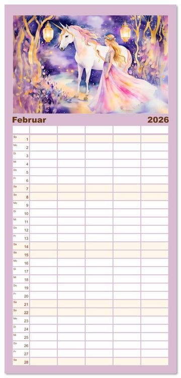 Produktbild: Familienplaner 2026 - Magische Einh&ouml;rner - Traumlandschaften unterm Regenbogen mit 5 Spalten (Wandkalender, 21 x 45 cm) CALVENDO