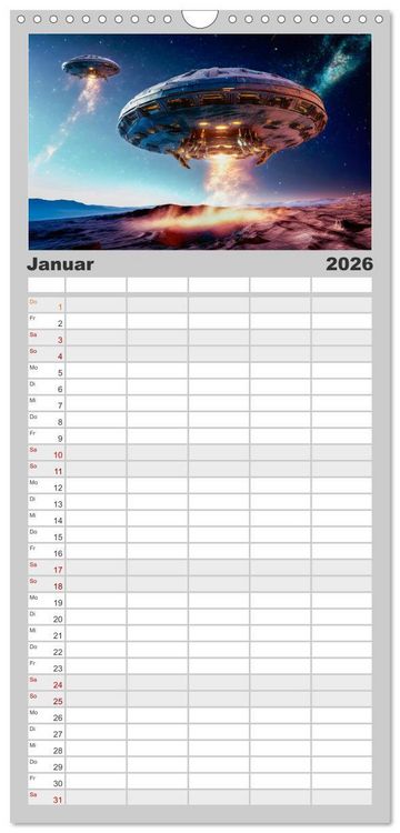 Produktbild: Familienplaner 2026 - Fliegende Untertasse - Die gro&szlig;e Fantasiereise mit 5 Spalten (Wandkalender, 21 x 45 cm) CALVENDO