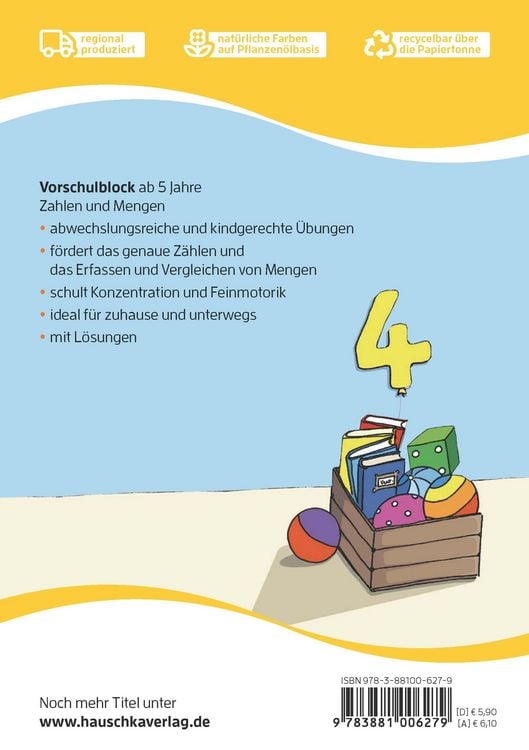 Produktbild: Vorschule &Uuml;bungsheft ab 5 Jahre f&uuml;r Junge und M&auml;dchen. Vorschulblock - Zahlen und Mengen