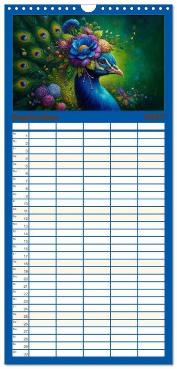 Produktbild: Familienplaner 2027 - Blumige Vogelportr&auml;ts mit 5 Spalten (Wandkalender, 21 x 45 cm) CALVENDO