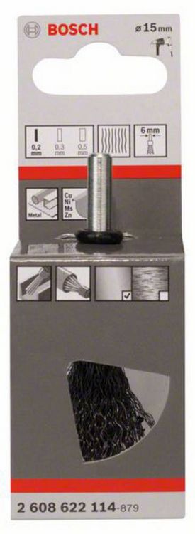 Produktbild: Bosch Accessories Pinselb&uuml;rste, gewellt, 0,2 mm, 15 mm, 4500 U/ min Schaft-&Oslash; 6 mm 2608622114 1 St.