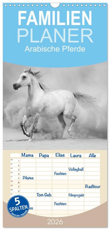 Produktbild: Familienplaner 2026 - Arabische Pferde mit 5 Spalten (Wandkalender, 21 x 45 cm) CALVENDO