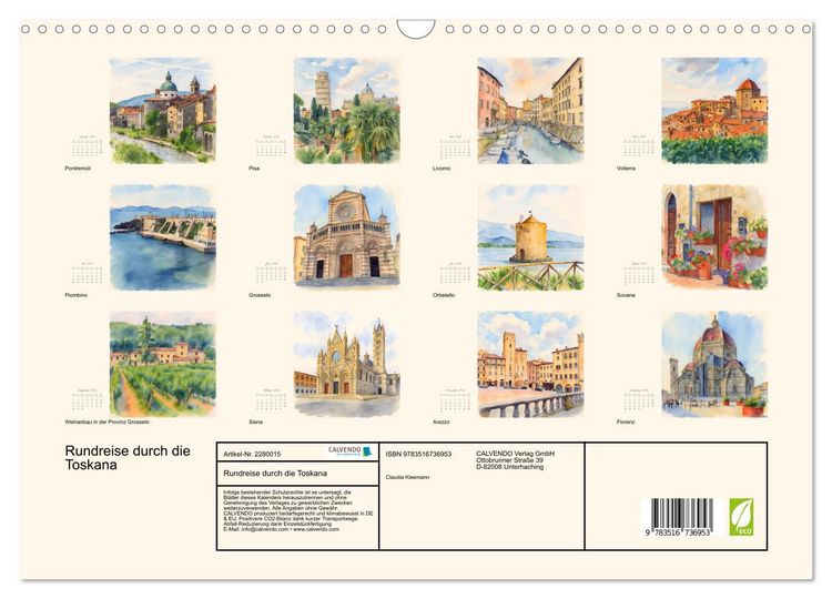 Produktbild: Rundreise durch die Toskana (Wandkalender 2026 DIN A3 quer), CALVENDO Monatskalender