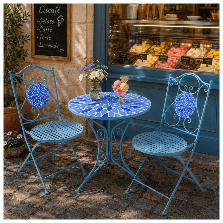 Produktbild: HTI-Living Bistro Sitzgruppe Metall blau Tisch mit 2 St&uuml;hlen Balkon Set Gartenm&ouml;bel Mosaik