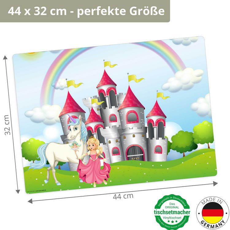 Produktbild: Tischsetmacher Tischset f&uuml;r Kinder M&auml;rchenschloss mit Einhorn und Prinzessin, aus hochwertigem Vinyl , 44 x 32 cm