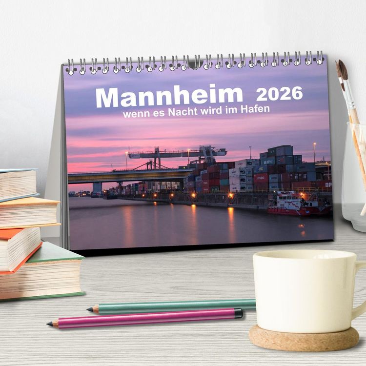 Produktbild: Mannheim 2026 - wenn es Nacht wird im Hafen (Tischkalender 2026 DIN A5 quer), CALVENDO Monatskalender